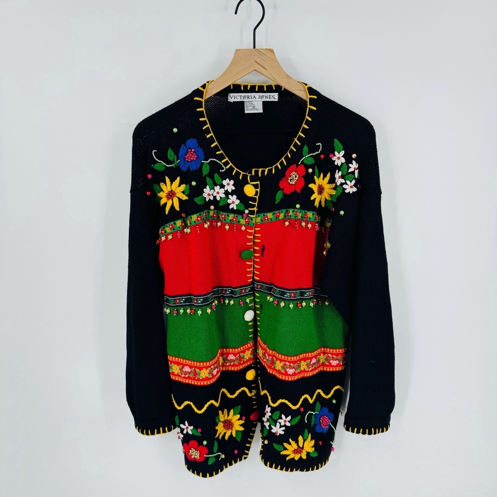 Victoria Jones Black Floral Embroidered Beaded Button Up Cardigan Sweater M